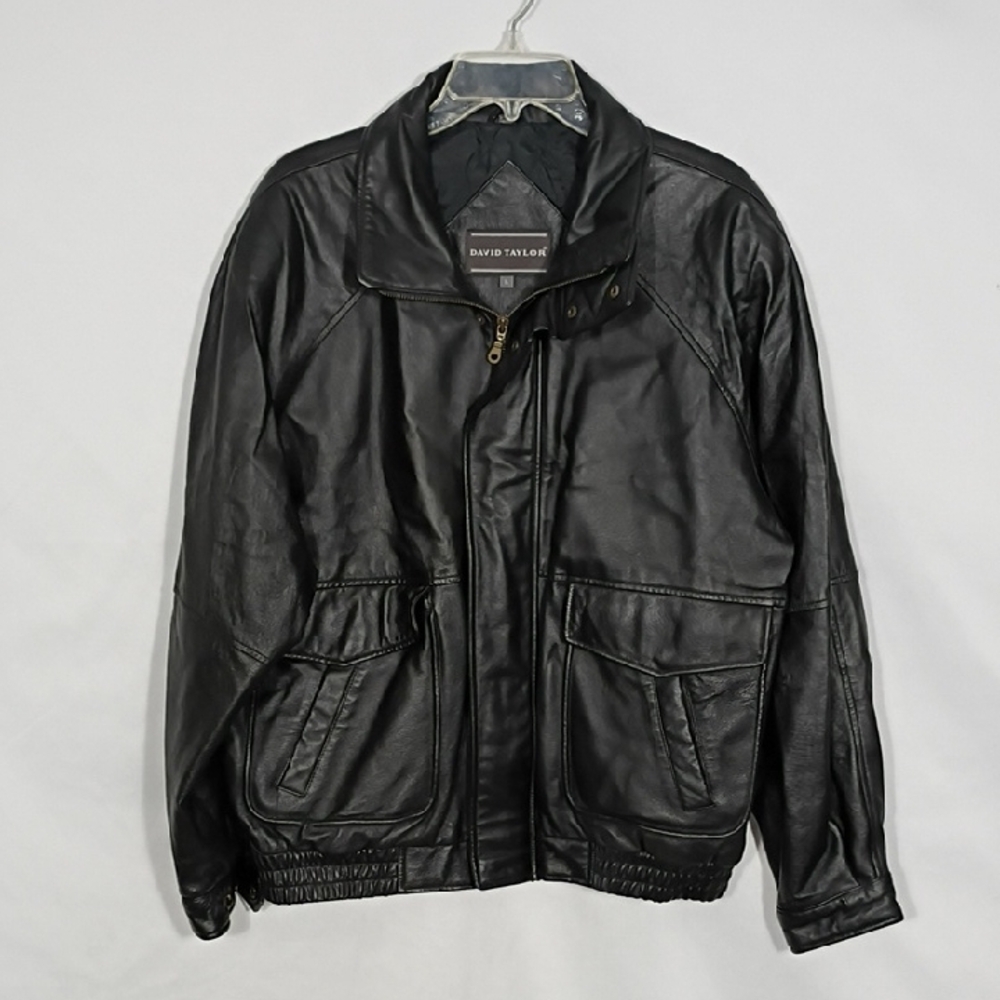 VINTAGE David Taylor Black Leather Bomber Flight Moto Aviator Jacket Coat Sz Lg